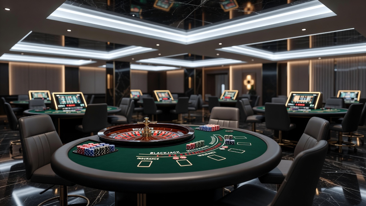 Close-up view of digital slot machine interfaces and roulette wheels in operation